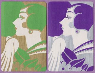 2 Single Vintage Swap/playing Cards Art Deco Lady & Dove Bird Gold/silver