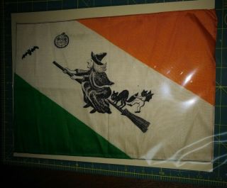 Vintage/antique Halloween Flag Black Cat Witch Broom Ireland Irish Silk Flag