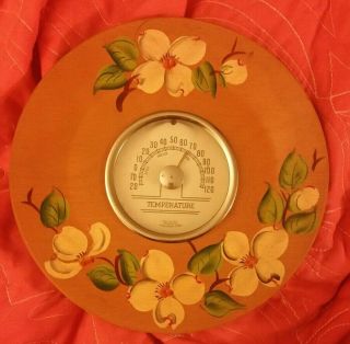 Vintage Cooper Co.  Wall Thermometer Round Wood Floral Painted Design 0 - 120 F Usa