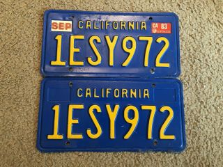 1983 83 California Ca License Plate Pair 1esy972 Cleared W/dmv Vintage