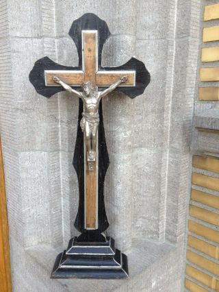 Huge Antique Folk Art Altar Standing Pedestal Wood Cross Crucifix Metal Jesus