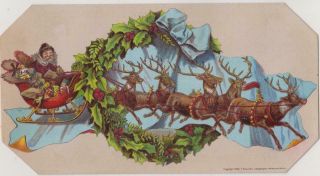 1882 Christmas Victorian Chromo Card Santa Claus Sled & Reindeer By T Newcomb
