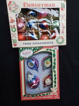 2 Boxes Vintage Christmas Ornaments Mercury Glass Indented Hand Painted