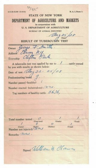 Aug 25 1928 State York Department Of Agriculture And Markets Tuberculin Test