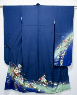 Japanese Kimono Silk Furisode / Navy / Flower Embroidery / Silk Fabric /163