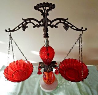Vintage Ruby Red Glass & Brass Scales Of Justice With Marble Base