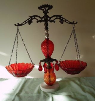 VINTAGE RUBY RED GLASS & BRASS SCALES OF JUSTICE with MARBLE BASE 2