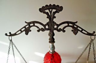 VINTAGE RUBY RED GLASS & BRASS SCALES OF JUSTICE with MARBLE BASE 5