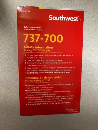 Southwest Airlines B737 - 700 Safety Card 2018 Edition Bilingual