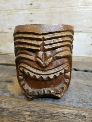 Vintage Wooden Tiki Mug Hand Carved Wood Tiki God Figure Cup