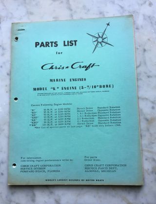 Nos 1958 Chris Craft Parts List Marine Engines Model K Engine 3 - 7/16 " Bore