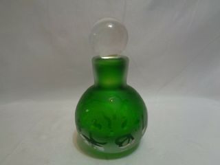 Vintage Heavy Emerald Green Etched Art Glass Perfume Cologne Decanter