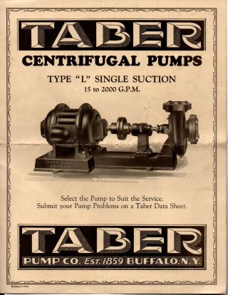 Taber Centrifugal Pumps Brochure C1910 Taber Pump Co.  Buffalo Ny