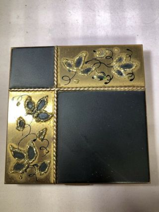 Vintage Volupte Usa Square Compact W/ Mirror.  Gold W/ Black Accent.  Flowers