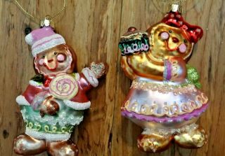 Gingerbread Pastry Boy And Girl Hand Blown Glass Christmas Ornaments Set Of 2