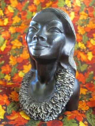 Frank Schirman Sculpture Bust Hawaii Exotic Black Coal Tiki Polynesian Hula Girl