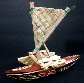 Fiji Outrigger Sailing Canoe Travel Souvenir Hand Carved Wood Reed Mat Sail 7 "