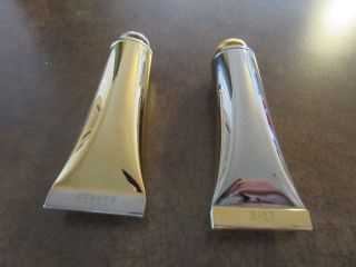 VINTAGE BRASS AND SILVER TOOTHPASTE TUBE SALT & PEPPER SHAKERS RARE 3