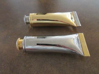 VINTAGE BRASS AND SILVER TOOTHPASTE TUBE SALT & PEPPER SHAKERS RARE 4