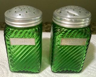 Vintage Owens Illinois Green Depression Glass Ribbed Sugar & Flour Shakers