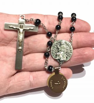 Vtg Modernist Creed Sterling Silver Rosary Black Bead 20 1/2”