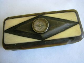 Black Cattle Horn Snuff Box With Compass On Lid