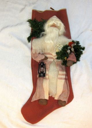Ooak Artist Made Santa Claus Wool Stocking W Lantern Fur Hair Handpainted Face
