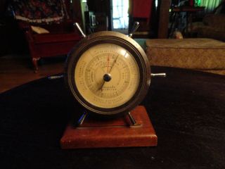 Vintage Airguide Barometer Ships Wheel Design On Wooden Stand