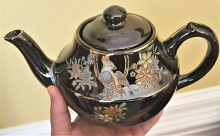Occupied Japan Teapot Pottery Redware Black Colorful Parrot Flowers Bird Vintage