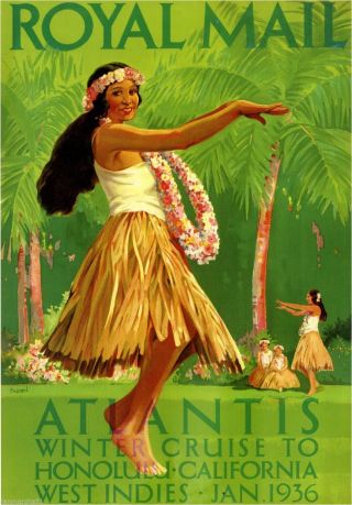 1936 Honolulu Hawaii Hula Vintage United States Travel Advertisement Art Poster