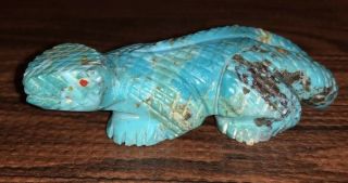 2.  6” Long Zuni Carved Boulder Turquoise Lizard Fetish Signed Nelson Yatsattie