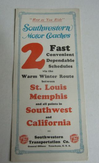 Old Vintage C.  1930 - Southewestern Motor Coaches Bus Travel Brochure - Texarkana