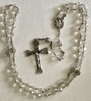Antique Holy Catholic Rosary Sterling Faceted Crystal Silver Cap Beads Crucifix