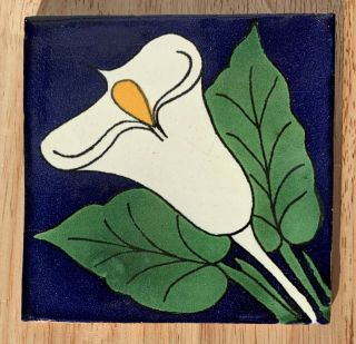 10 Talavera Mexican Pottery Tile 4 " X 4 " Calla Lily Flower White Leaves Green