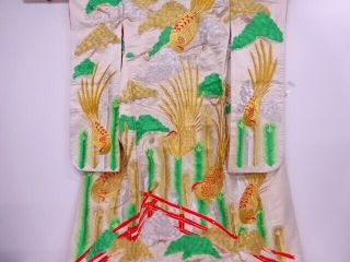 76063 Japanese Kimono / Antique Hikizuri / Embroidery / Golden Rooster