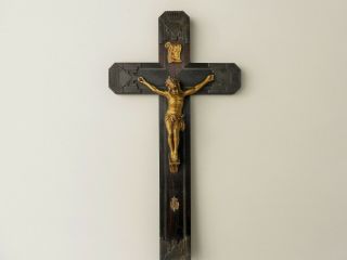 ANTIQUE FRENCH RELIGIOUS WALL CROSS CRUCIFIX WOOD & BRASS & METAL 19 CENTURY 5