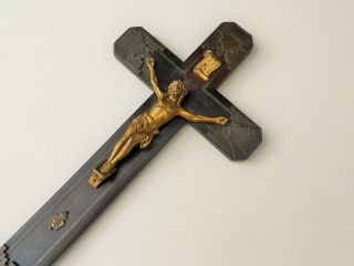 ANTIQUE FRENCH RELIGIOUS WALL CROSS CRUCIFIX WOOD & BRASS & METAL 19 CENTURY 6