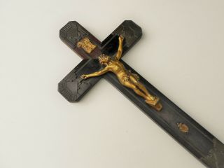 ANTIQUE FRENCH RELIGIOUS WALL CROSS CRUCIFIX WOOD & BRASS & METAL 19 CENTURY 7