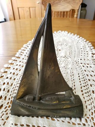 Antique 1939 Cast Iron Rotary Ann Club Sail Boat Bookend Door Stop Paperweight