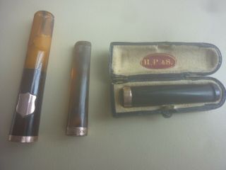 3 Antique Amber Cigarette/cheroot Holder In Case Gold Rim