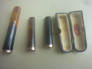 3 Antique amber cigarette/cheroot holder in case GOLD Rim 7