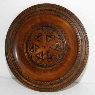 Vintage Polish Folk Art Decorative Carved Wood Plate Copper Brass Inlay
