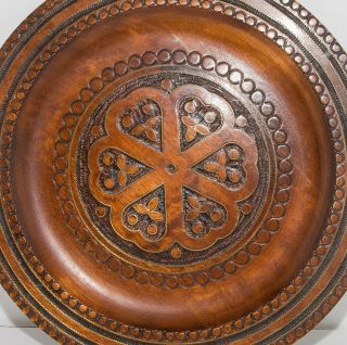 Vintage Polish Folk Art Decorative Carved Wood Plate Copper Brass Inlay 2
