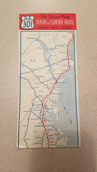The Tobacco Trail U.  S.  301 Maine To Florida Route Vintage Brochure / Flip Map