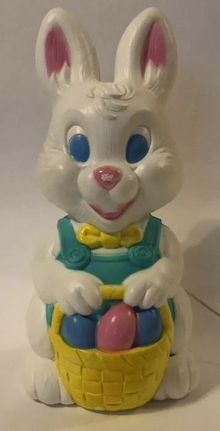 Vtg Easter Rabbit Bunny Blow Mold 19 " Basket Of Eggs White Green Blue Plastic