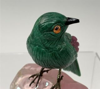 Brazilian Hand Carved Stone Bird Deep Green Ruby In Zoisite On Rose Quartz Base