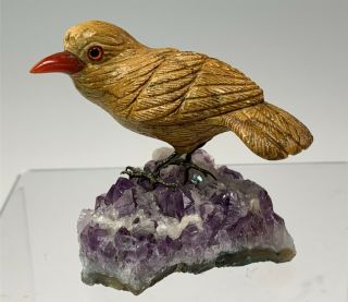 Brazilian Hand Carved Stone Yellow Agate Bird On Amethyst Base