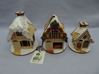 3 Ginger Cottage Wooden Ornament Display Corks & Curds Santas Workshop House