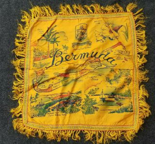 Vintage Satin Souvenir Pillow Cover Case Bermuda Orange Yellow Map Coat Of Arms