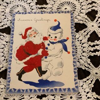 Vintage Greeting Card Christmas Santa Claus Snowman Dancing